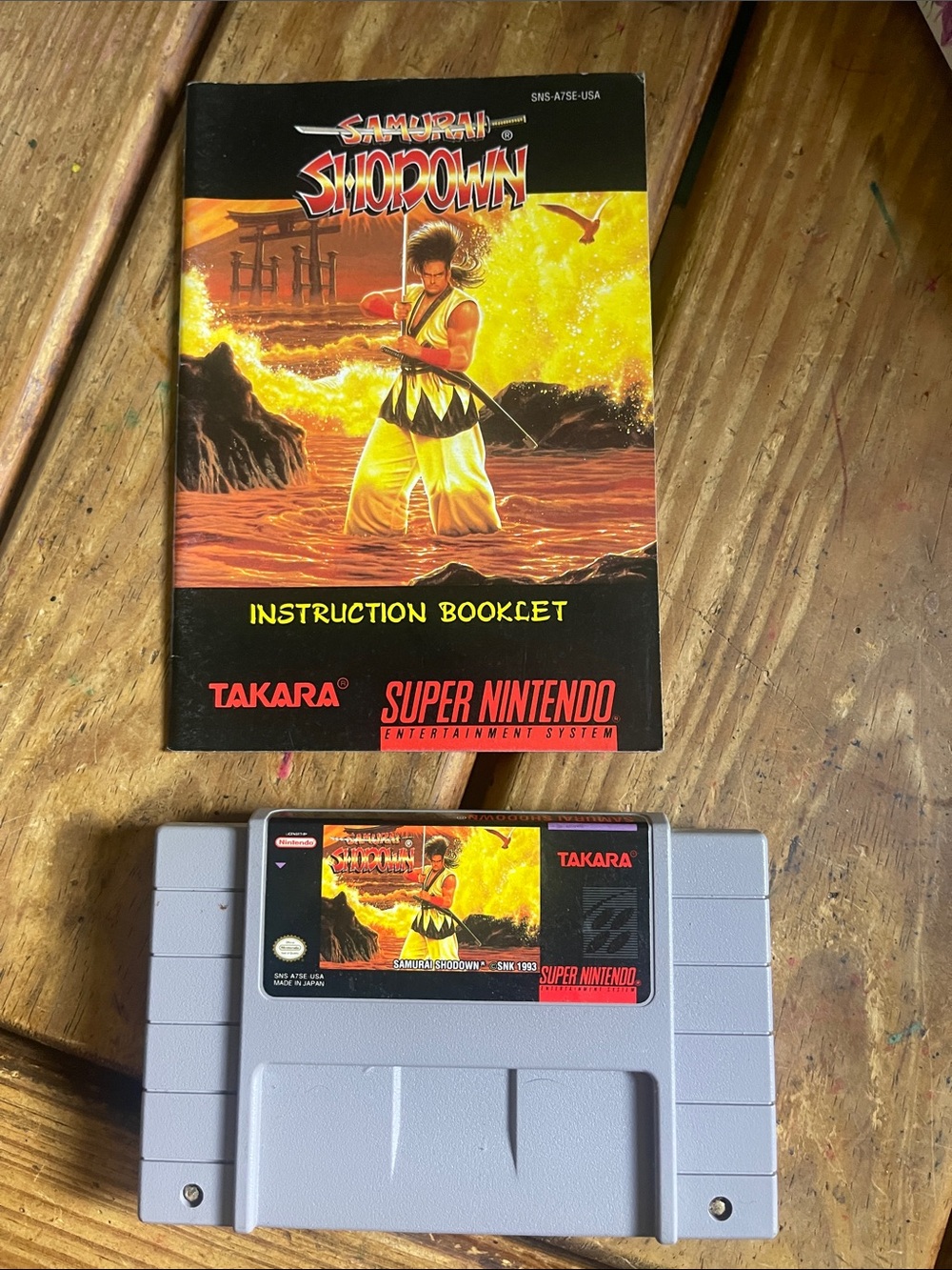 Takara Super Nintendo Samurai Shodown Cartridge and Booklet - Gray and Yellow